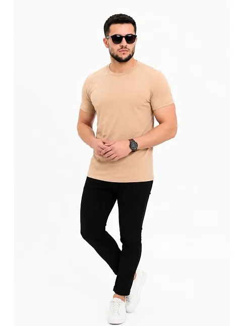 Erkek Basic Tişört Bisiklet Yaka Kısa Kol Günlük Yazlık Slim Fit T-shirt - Bej