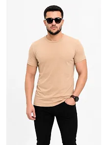 Erkek Basic Tişört Bisiklet Yaka Kısa Kol Günlük Yazlık Slim Fit T-shirt - Bej