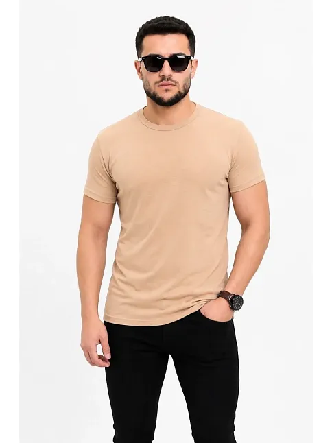 Erkek Basic Tişört Bisiklet Yaka Kısa Kol Günlük Yazlık Slim Fit T-shirt - Bej