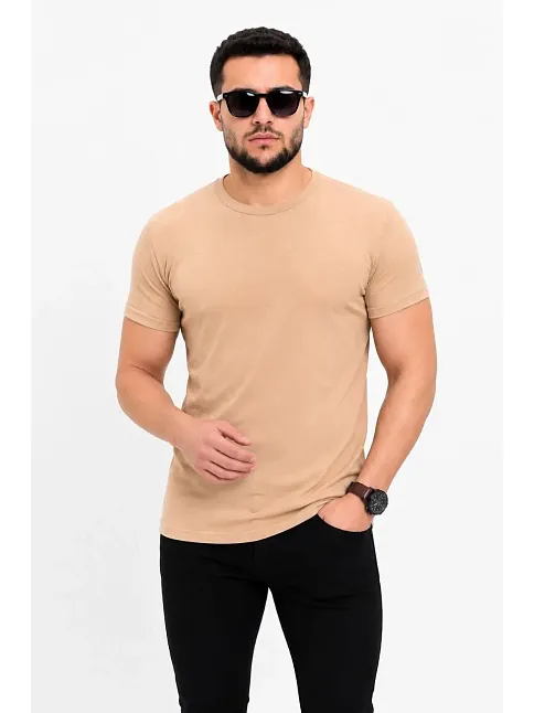 Erkek Basic Tişört Bisiklet Yaka Kısa Kol Günlük Yazlık Slim Fit T-shirt - Bej