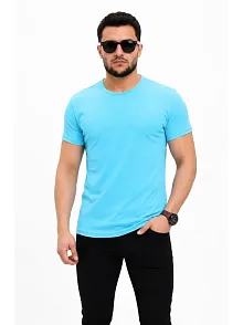 Erkek Basic Tişört Bisiklet Yaka Kısa Kol Günlük Yazlık Slim Fit T-shirt - Açık Mavi