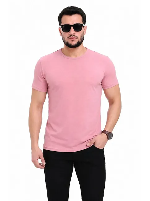 Erkek Basic Tişört Bisiklet Yaka Kısa Kol Günlük Yazlık Slim Fit T-shirt - Pembe