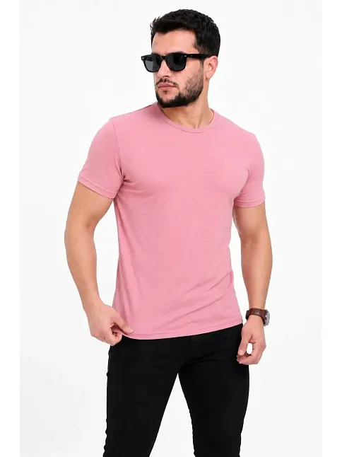 Erkek Basic Tişört Bisiklet Yaka Kısa Kol Günlük Yazlık Slim Fit T-shirt - Pembe