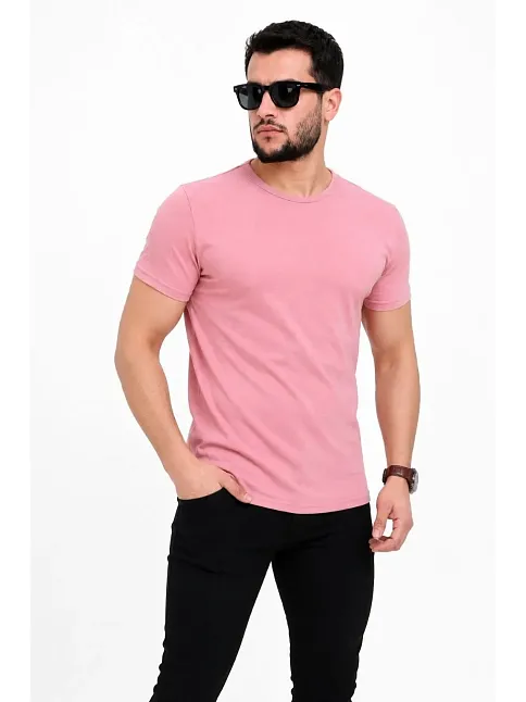 Erkek Basic Tişört Bisiklet Yaka Kısa Kol Günlük Yazlık Slim Fit T-shirt - Pembe