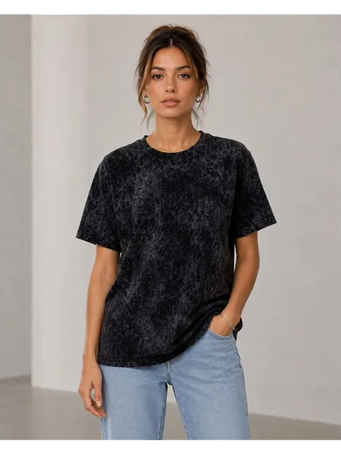 Kadın Yıkamalı Washed Effect Tişört Bisiklet Yaka Sokak Stil Kısa Kol T-shirt - Siyah Kadın Yıkamalı Washed Effect Tişört Bisiklet Yaka Sokak Stil Kısa Kol T-shirt - Siyah