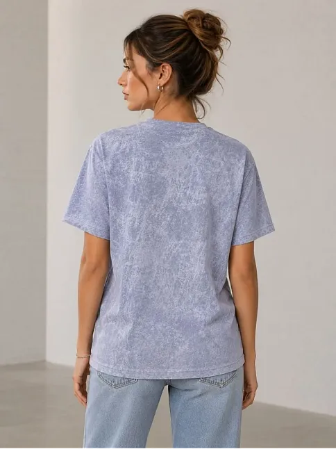 Kadın Yıkamalı Washed Effect Tişört Bisiklet Yaka Sokak Stil Kısa Kol T-shirt - Gri
