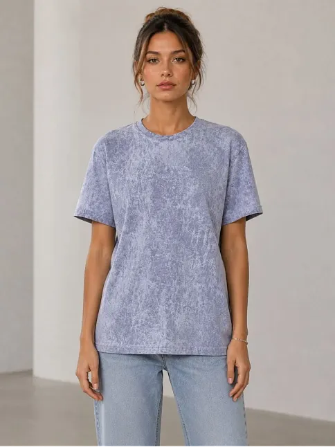 Kadın Yıkamalı Washed Effect Tişört Bisiklet Yaka Sokak Stil Kısa Kol T-shirt - Gri