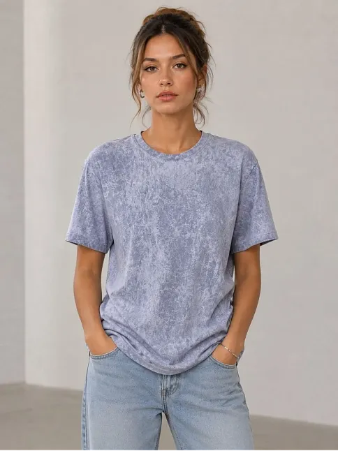 Kadın Yıkamalı Washed Effect Tişört Bisiklet Yaka Sokak Stil Kısa Kol T-shirt - Gri
