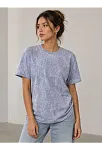 Kadın Yıkamalı Washed Effect Tişört Bisiklet Yaka Sokak Stil Kısa Kol T-shirt - Gri