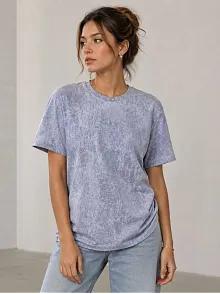 Kadın Yıkamalı Washed Effect Tişört Bisiklet Yaka Sokak Stil Kısa Kol T-shirt - Gri