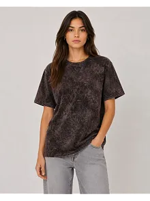 Kadın Yıkamalı Washed Effect Tişört Bisiklet Yaka Sokak Stil Kısa Kol T-shirt - Siyah
