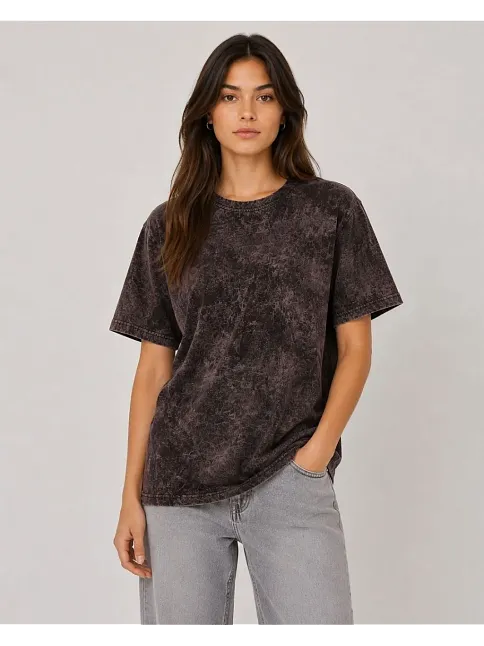 Kadın Yıkamalı Washed Effect Tişört Bisiklet Yaka Sokak Stil Kısa Kol T-shirt - Siyah