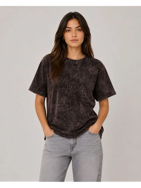 Kadın Yıkamalı Washed Effect Tişört Bisiklet Yaka Sokak Stil Kısa Kol T-shirt - Siyah