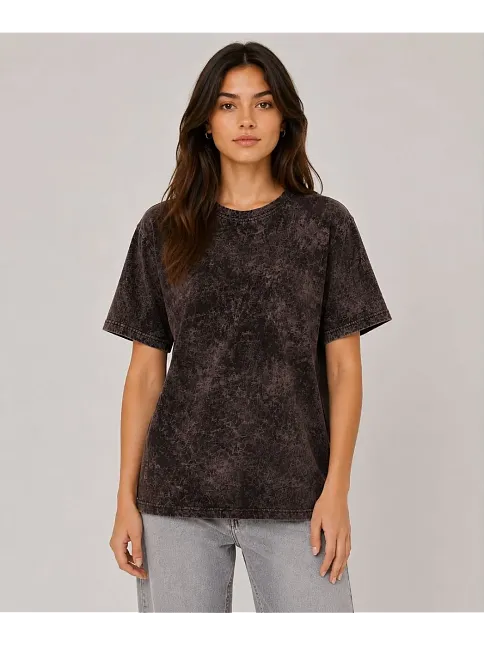Kadın Yıkamalı Washed Effect Tişört Bisiklet Yaka Sokak Stil Kısa Kol T-shirt - Siyah