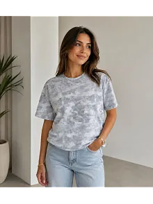 Kadın Batik Desenli Tişört Bisiklet Yaka Kısa Kol Regular Fit T-shirt - Gri