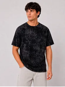 Erkek Yıkamalı Washed Effect Tişört Bisiklet Yaka Sokak Stil Kısa Kol T-shirt - Siyah