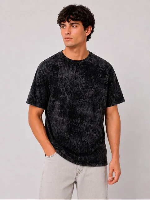 Erkek Yıkamalı Washed Effect Tişört Bisiklet Yaka Sokak Stil Kısa Kol T-shirt - Siyah Erkek Yıkamalı Washed Effect Tişört Bisiklet Yaka Sokak Stil Kısa Kol T-shirt - Siyah