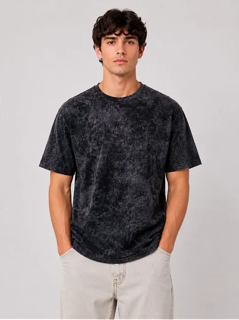 Erkek Yıkamalı Washed Effect Tişört Bisiklet Yaka Sokak Stil Kısa Kol T-shirt - Siyah Erkek Yıkamalı Washed Effect Tişört Bisiklet Yaka Sokak Stil Kısa Kol T-shirt - Siyah