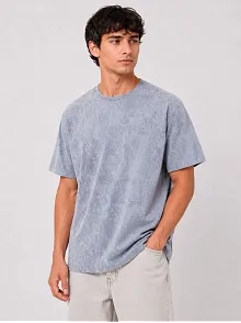 Erkek Yıkamalı Washed Effect Tişört Bisiklet Yaka Sokak Stil Kısa Kol T-shirt - Gri