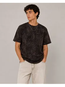 Erkek Yıkamalı Washed Effect Tişört Bisiklet Yaka Sokak Stil Kısa Kol T-shirt - Füme
