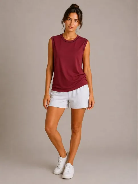 Kadın Kontrast Biyeli Kolsuz Atlet Bisiklet Yaka Yazlık Basic Atlet - Bordo