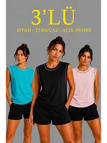 Kadın 3’lü Kolsuz Sporcu Atlet Seti Yazlık Bisiklet Yaka - Siyah, Turkuaz, Pembe