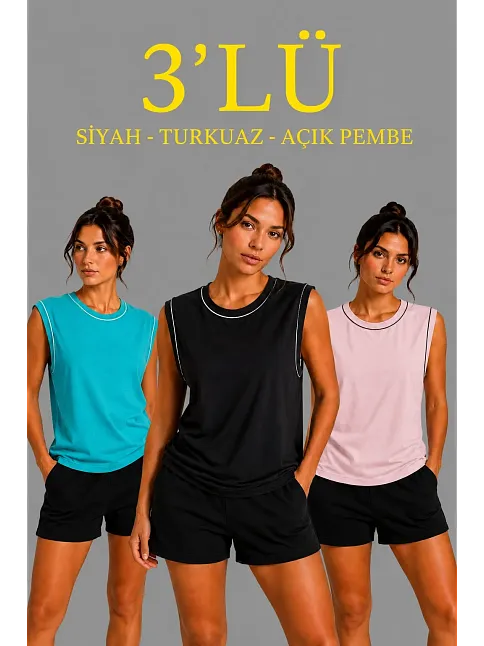Kadın 3’lü Kolsuz Sporcu Atlet Seti Yazlık Bisiklet Yaka - Siyah, Turkuaz, Pembe