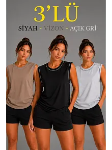 Kadın 3’lü Kolsuz Sporcu Atlet Seti Yazlık Bisiklet Yaka - Siyah, Kahverengi, Gri