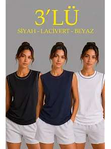 Kadın 3’lü Kolsuz Sporcu Atlet Seti Yazlık Bisiklet Yaka - Siyah, Lacivert, Beyaz