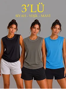 Kadın 3’lü Kolsuz Sporcu Atlet Seti Yazlık Bisiklet Yaka - Siyah, Haki, Mavi