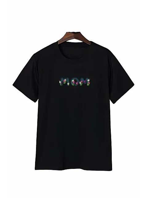 Anneler Günü Mom Çiçek Temalı Baskılı Oversize Bisiklet Yaka T-shirt - Siyah Anneler Günü Mom Çiçek Temalı Baskılı Oversize Bisiklet Yaka T-shirt - Siyah