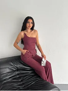 Asimetrik Crop Pantalon İkili Takım - Gül Kurusu