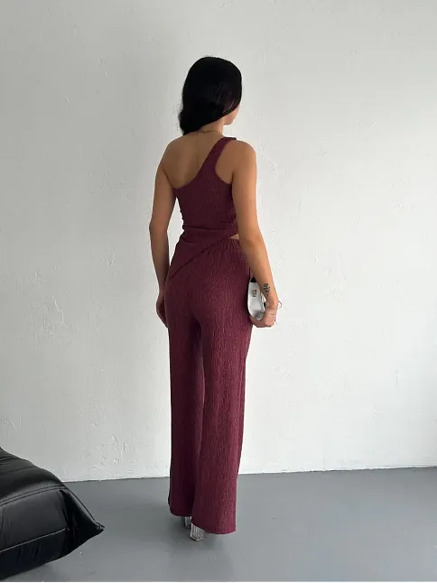 Asimetrik Crop Pantalon İkili Takım - Gül Kurusu