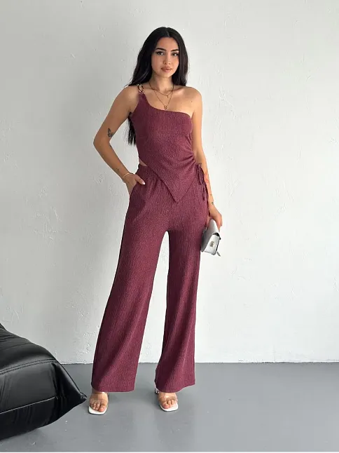 Asimetrik Crop Pantalon İkili Takım - Gül Kurusu