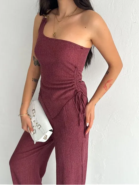 Asimetrik Crop Pantalon İkili Takım - Gül Kurusu