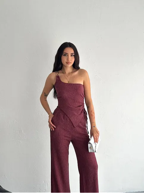 Asimetrik Crop Pantalon İkili Takım - Gül Kurusu