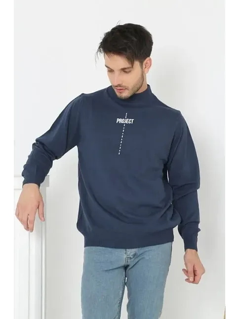 Erkek Yarım Bağazlı Kazak Baskılı Dokuma Triko - Indigo