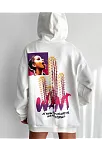 Kadın Oversize Kapüşonlu Cepli Want Baskılı 3 İplik Pamuklu Hoodie Sweatshirt - Beyaz