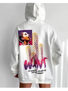 Kadın Oversize Kapüşonlu Cepli Want Baskılı 3 İplik Pamuklu Hoodie Sweatshirt - Beyaz