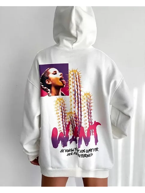Kadın Oversize Kapüşonlu Cepli Want Baskılı 3 İplik Pamuklu Hoodie Sweatshirt - Beyaz