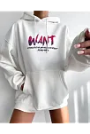 Kadın Oversize Kapüşonlu Cepli Want Baskılı 3 İplik Pamuklu Hoodie Sweatshirt - Beyaz