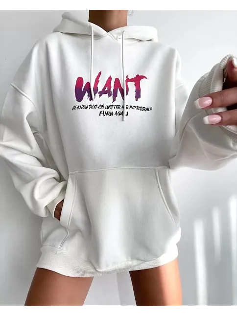 Kadın Oversize Kapüşonlu Cepli Want Baskılı 3 İplik Pamuklu Hoodie Sweatshirt - Beyaz