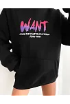Kadın Oversize Kapüşonlu Cepli Want Baskılı 3 İplik Pamuklu Hoodie Sweatshirt - Siyah
