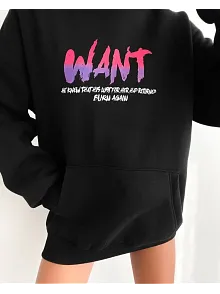 Kadın Oversize Kapüşonlu Cepli Want Baskılı 3 İplik Pamuklu Hoodie Sweatshirt - Siyah