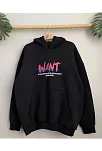 Kadın Oversize Kapüşonlu Cepli Want Baskılı 3 İplik Pamuklu Hoodie Sweatshirt - Siyah