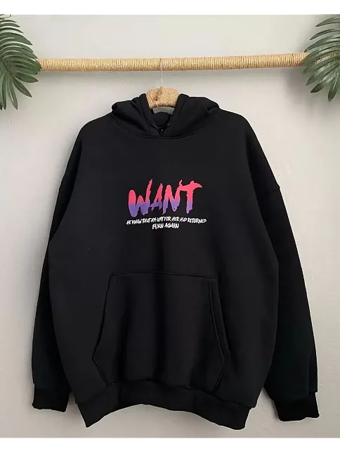 Kadın Oversize Kapüşonlu Cepli Want Baskılı 3 İplik Pamuklu Hoodie Sweatshirt - Siyah