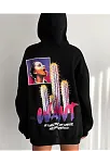 Kadın Oversize Kapüşonlu Cepli Want Baskılı 3 İplik Pamuklu Hoodie Sweatshirt - Siyah