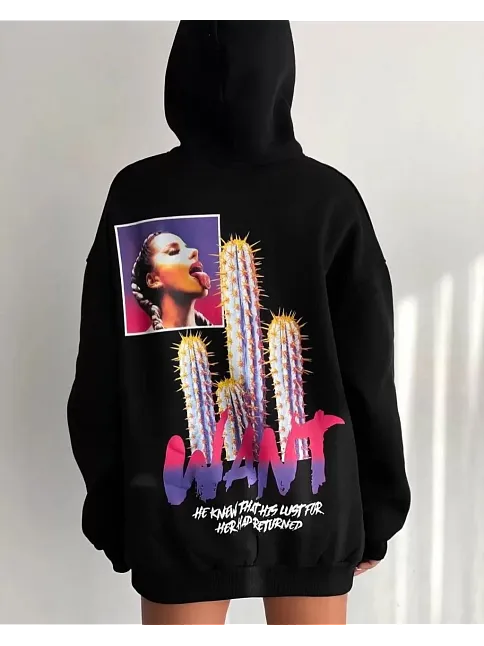 Kadın Oversize Kapüşonlu Cepli Want Baskılı 3 İplik Pamuklu Hoodie Sweatshirt - Siyah