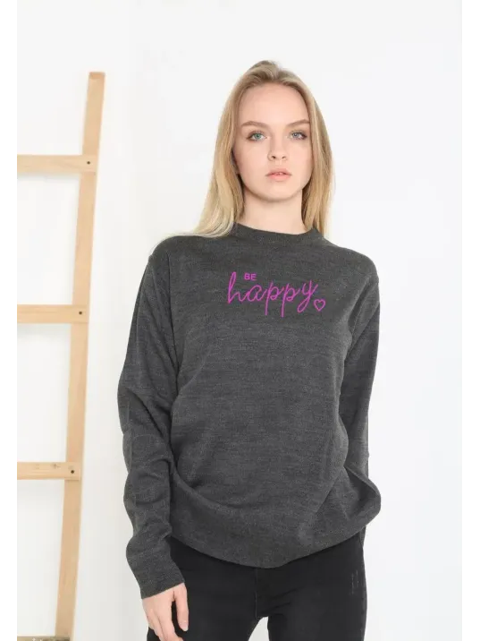 Kadın Bisiklet Yaka Kazak Baskılı Dokuma Triko - Füme