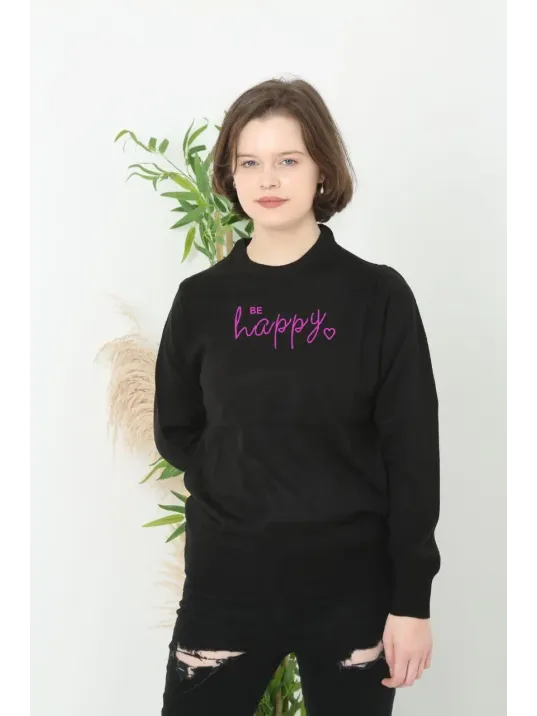 Kadın Bisiklet Yaka Kazak Baskılı Dokuma Triko - Siyah Kadın Bisiklet Yaka Kazak Baskılı Dokuma Triko - Siyah